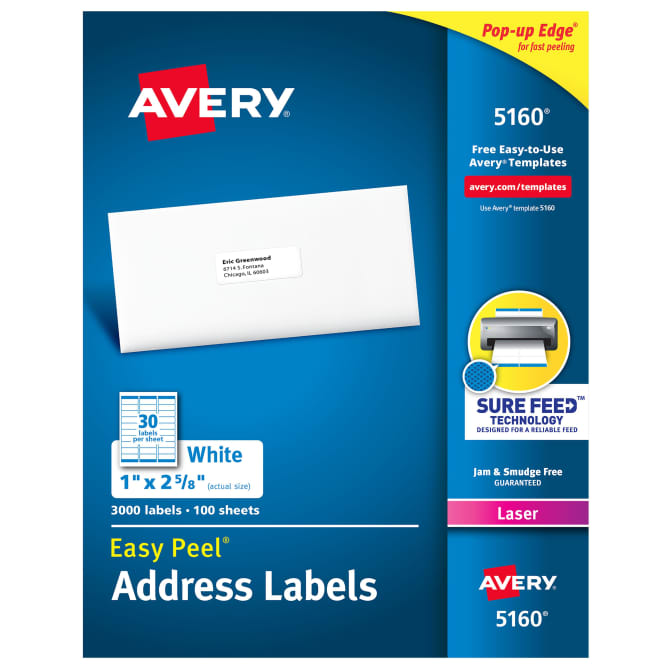 Avery® 5160 Address Labels White Permanent Adhesive 2.625x1 in. 30 Labels Per Sheet 8.5x11 in. 100 Sheets per Pack