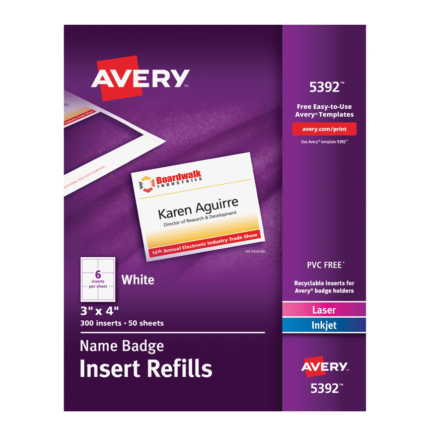 Avery® Name Badge 5392 Insert Refills 3x4 in. 300 Pcs - Sku: 5392 | 50 SHEETS 300 BADGES PER BOX