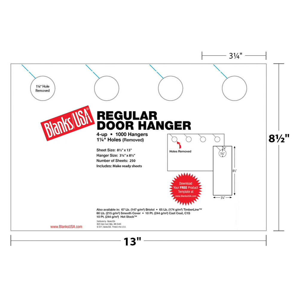 Blanks USA® Regular Door Hanger White Bristol 250 Sheets 8.5 x 13 in. 4-up 3.25 x 8.5 in. 1000 Finished Hangers