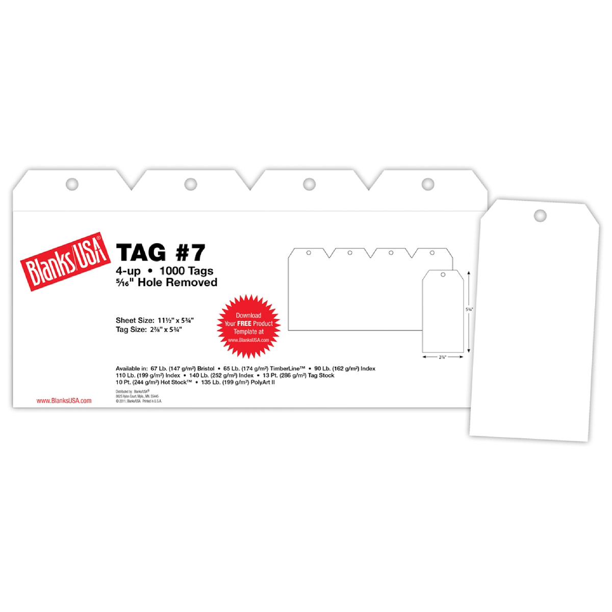 Blanks USA® TAG #7 White Index 110 lb. 250 Sheets 4-up 11.5 x 5.75 Tag 2.875 x 5.75 in