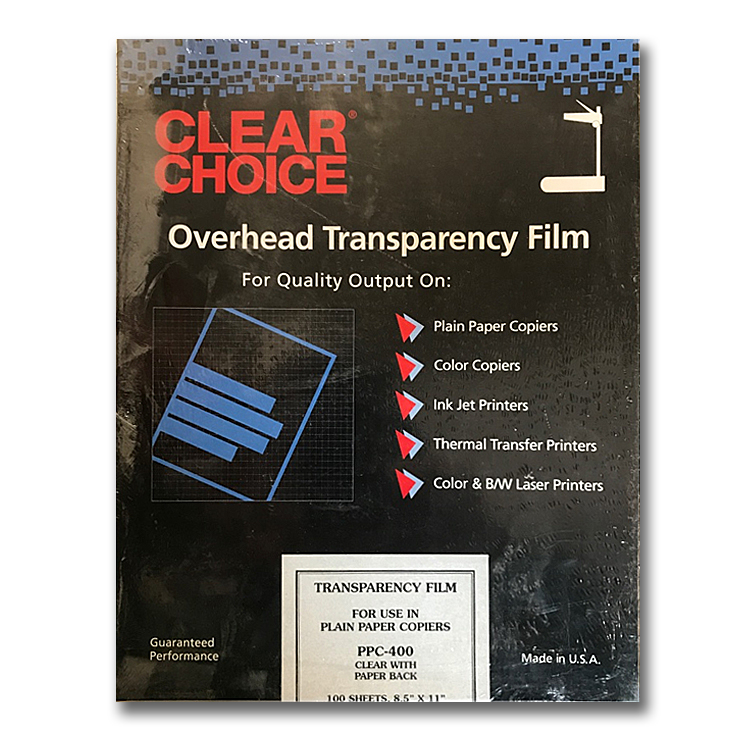 Clear Choice® PPC-400 Overhead Transparency Film Clear with Paper Back 8.5x11 in. - 100 Sheets per Pack