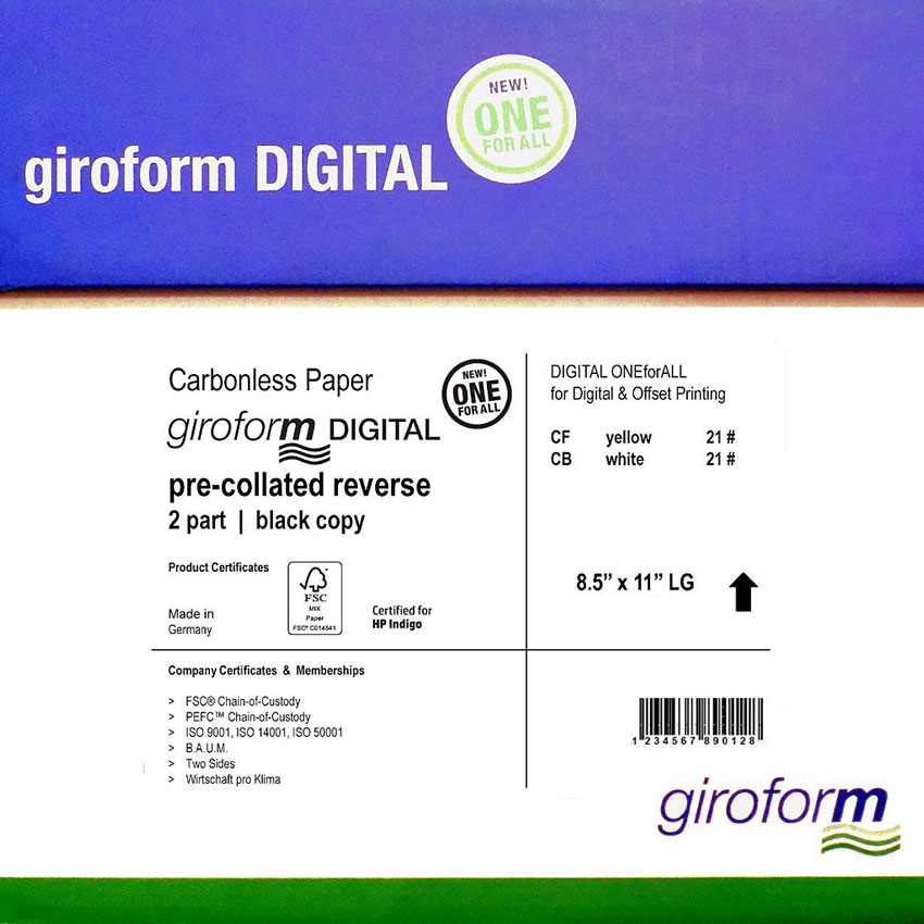 GiroForm® DIGITAL Carbonless 2 Part Pre-collated Reverse NCR 8.5x11 in. 250 Sets 500 Sheets - 250 SETS | 500 SHEETS PER REAM