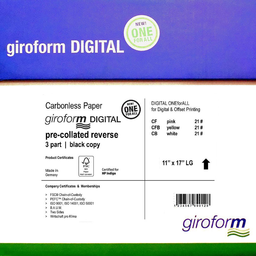 GiroForm® DIGITAL Carbonless 3 Part Pre-collated Reverse NCR 11x17 835 Sets 2505 Sheets - 835 SETS | 2505 SHEETS PER CARTON