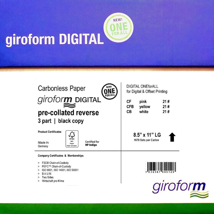 GiroForm® DIGITAL Carbonless 3 Part Pre-collated Reverse NCR 8.5x14 835 Sets 2505 Sheets - 835 SETS | 2505 SHEETS PER CARTON