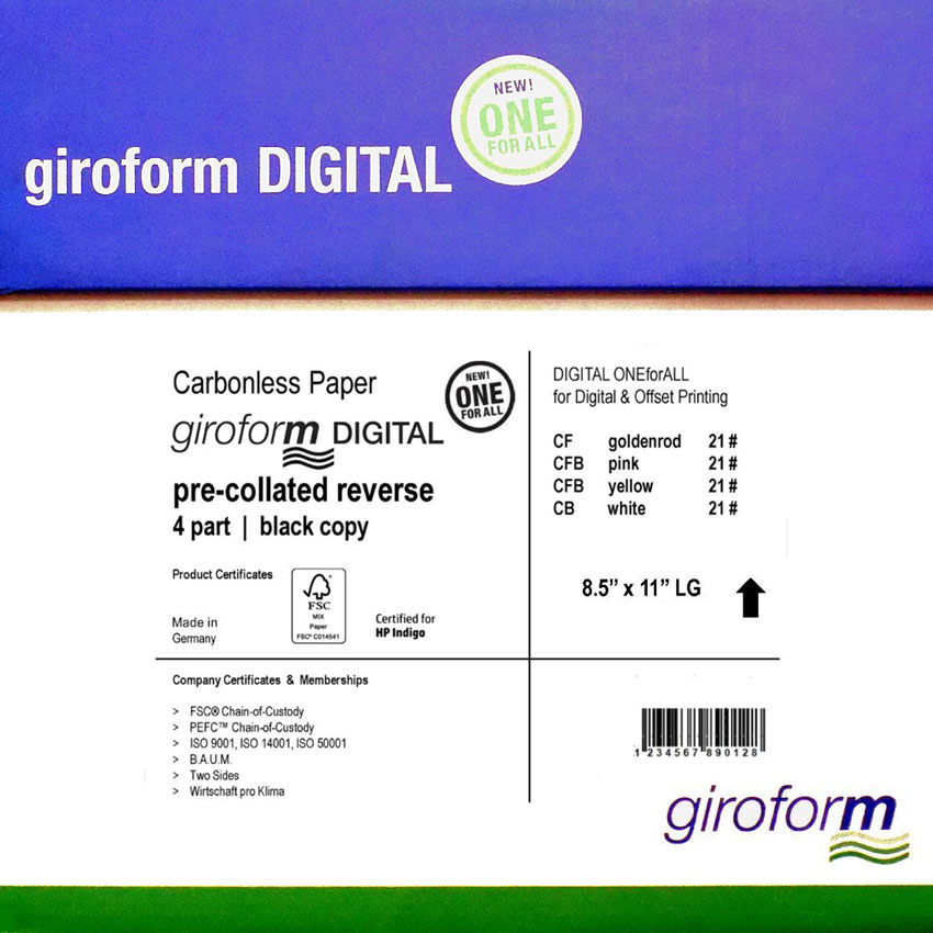 GiroForm® DIGITAL Carbonless 4 Part Pre-collated Reverse NCR 8.5x11 1250 Sets 5000 Sheets - 1250 SETS | 5000 SHEETS PER CARTON