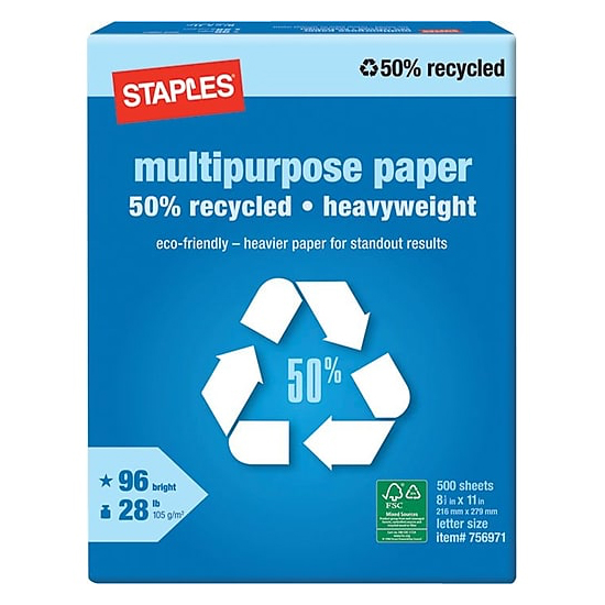 Staples® Bright White Heavyweight Multipurpose Paper 50% Recycled 8.5x11 in. 2500/Carton - Sku: 756970 | 2500 SHEETS PER CASE