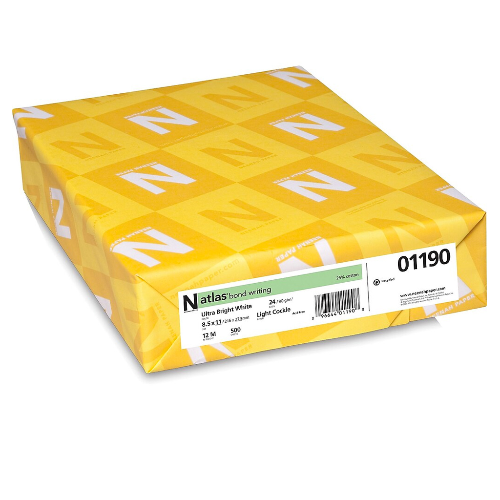 Neenah Paper® Atlas® Bond Ultra Bright White Light Cockle 24 lb. Writing 25% Cotton 17x11 in. 500 Sheets per Ream