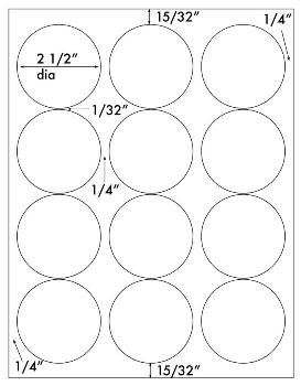 2 1/4" Diameter Circle Labels 12 Up on 8.5x11 in. High Gloss White Permanent Adhesive Pressure Sensitive 100-PK