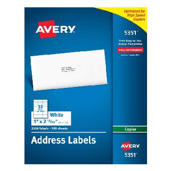 Avery® Address Labels White Permanent Adhesive 1 x 2.75 in. 100 Sheets 3300 Labels